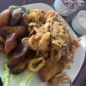 Charlie's Grill - Chicharron de Mariscos (Small), sub-out yucca for more sweet plantains. Delicious - Peruvian Near Me - North Hollywood, California
