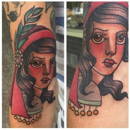 Recent Gypsy jammer done by Liz two days ago. Some of the best American traditional tattoo work coming out of Cleveland.