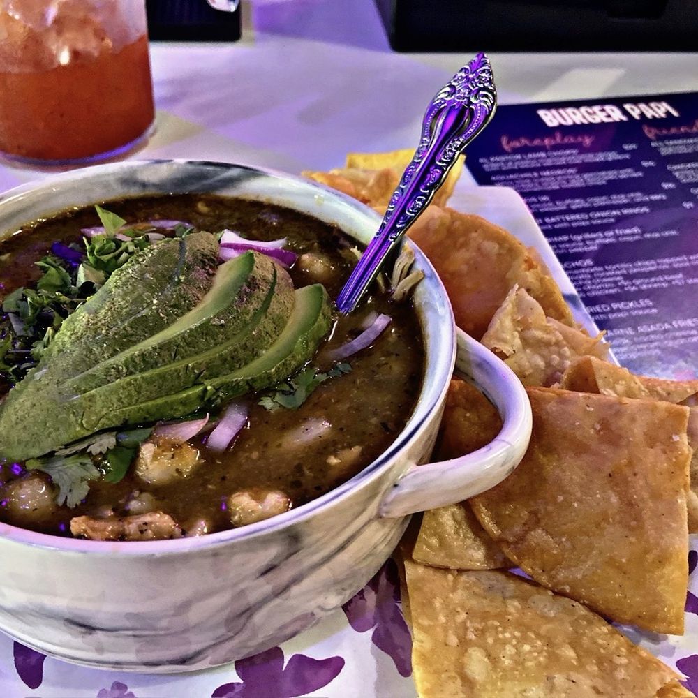 Burger Papi - Green Pozole with crispy chips - Burgers Near Me - Chicago, Illinois