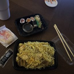 Singapore Rice Noodle, Salmon Roll, Tuna Roll and cookies