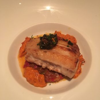 Gary Danko - Pan Seared Bass with Roasted Pepper Sofrito, Caper Jam and Sauce Romesco - New American Near Me - San Francisco, California Gary Danko - Pan Seared Bass with Roasted Pepper Sofrito, Caper Jam and Sauce Romesco - New American Near Me - San Francisco, California