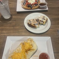 Just Love Coffee Cafe - Neillsville, WI - Breakfast Burrito, cinnamon roll, berry waffle