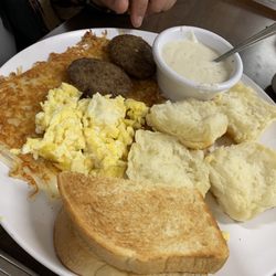 Y'all Come Back Cafe - Scrambled with hash browns sausage biscuits and gravy with TX toast