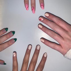 Green nails are acrylic plus dip, the others are gel