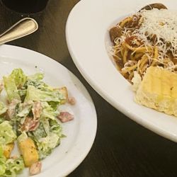 That Little Place by the Lights - Ceaser Salad and generous serving of spaghetti and nonna's meatballs - we had to take some home