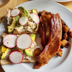 The Elm - crab and avocado toast with hash Browns and bacon. FANTASTIC!