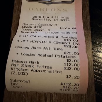Darfons Restaurant & Bar - 2% kitchen appreciation fee. Lame as hell. Pay your people! - American Near Me - Nashville, Tennessee Darfons Restaurant & Bar - 2% kitchen appreciation fee. Lame as hell. Pay your people! - American Near Me - Nashville, Tennessee