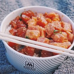 Shima's Supermarket - Large poke bowl with somen oyster sauce & spicy ahi