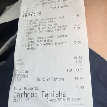 Sonic Drive-In - This is a receipt so we all know more or less how much for two people. - Burgers Near Me - Franklin Park, Illinois Sonic Drive-In - This is a receipt so we all know more or less how much for two people. - Burgers Near Me - Franklin Park, Illinois