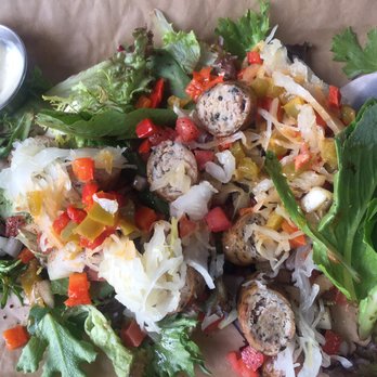 Bangers & Brews - Westside - Chicken sausage over a bed of greens. - German Near Me - Bend, Oregon Bangers & Brews - Westside - Chicken sausage over a bed of greens. - German Near Me - Bend, Oregon