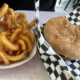 Seasoned curly fries, double cheeseburger (plain)