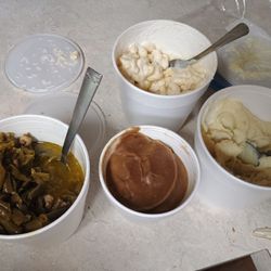 Johnny's Ozark Fried Chicken - The sides. Green beans, Mac and cheese, gravy & mashed potatoes