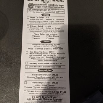 The Knuckle Saloon - Back of menu. - Bars Near Me - Sturgis, South Dakota The Knuckle Saloon - Back of menu. - Bars Near Me - Sturgis, South Dakota