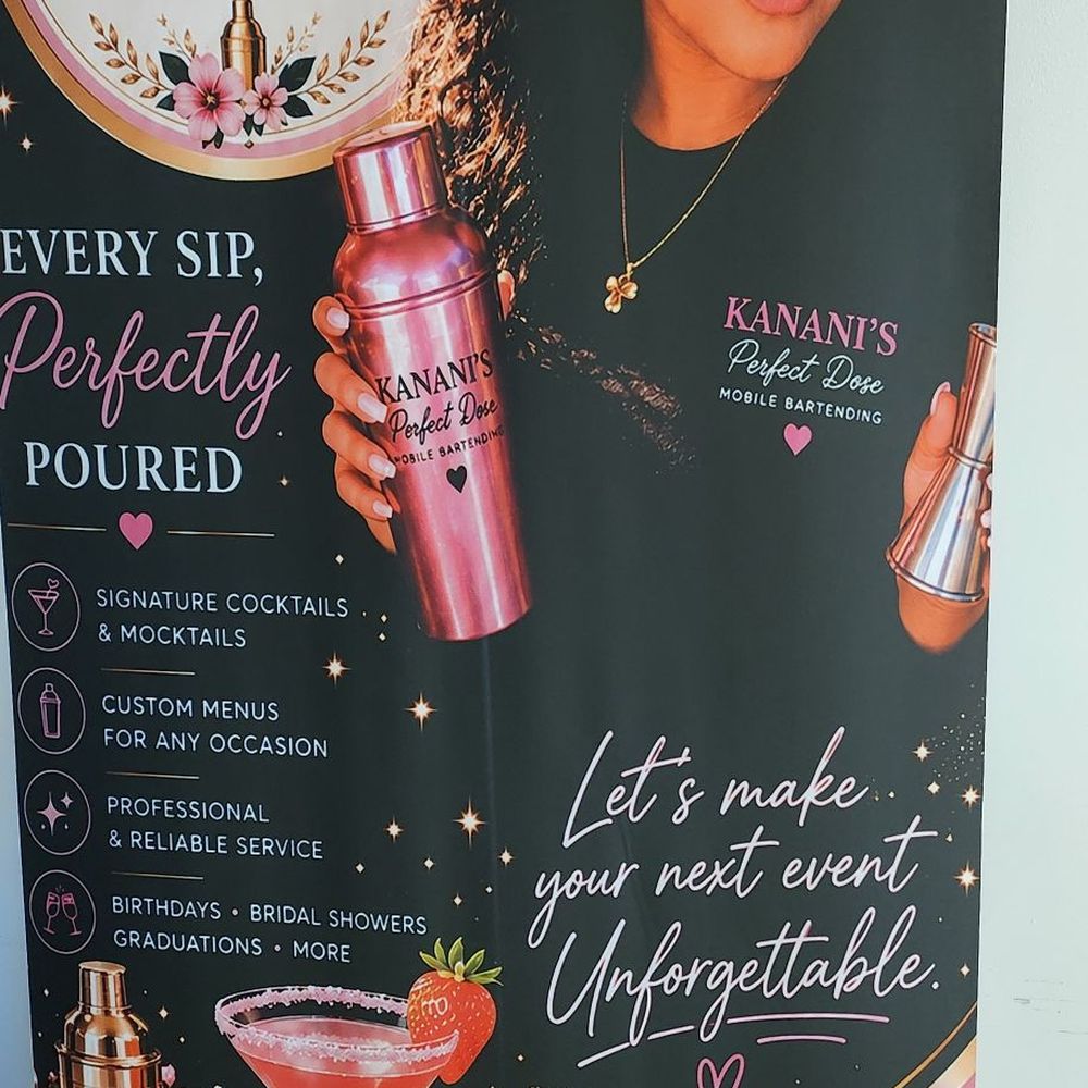 Kanani’s Perfect Dose - Banner next to the bar setup - Bartenders Near Me Kanani’s Perfect Dose - Banner next to the bar setup - Bartenders Near Me