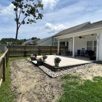 Jacobs Hardscapes - Elevated patio with a step and river rock bed wrapping around the entire patio. (Customer did not want grass seed down or new sod ) - Landscape Architects or Designers Near Me