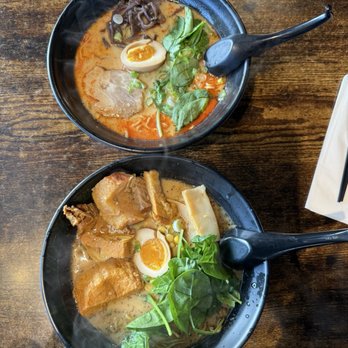 Momiji - Spicy House Ramen (top) and Black Garlic Ramen (bottom) - Ramen Near Me - Colma, California Momiji - Spicy House Ramen (top) and Black Garlic Ramen (bottom) - Ramen Near Me - Colma, California