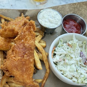 Culinary Dropout - Fish and chips with coleslaw - New American Near Me - Charlotte, North Carolina