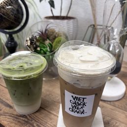 Viet Crack with banana foam and Matcha Latte Viet Crack with banana foam and Matcha Latte