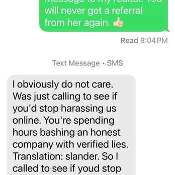 B Line Movers - Owner threatening legal action because I posted a bad review. He's unhinged. Customers beware. - A text message exchange shows one person accusing Bobby of harassment and threatening legal action, while Bobby responds dismissively. - Movers Near Me - Gilbert, Arizona