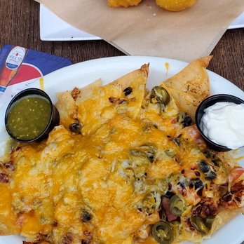 Fronk's - Pulled pork nachos and battered corn on the cob. - Burgers Near Me - Bellflower, California