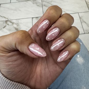 L Beauty  - pink chrome gel x with white polka dot - Nail Salons Near Me - Pasadena, California