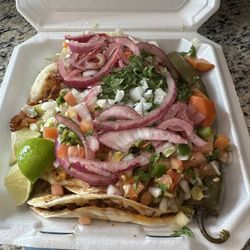 Taco La Familia - Underneath all those fresh toppings is 2 chicken pitas($4.50 each) and 2 chorizo quesadillas($3 each). Look at all the deliciousness!!!