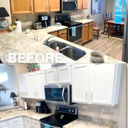 North Mud & Painting - Interior white paint added to the pine cabinets making them have a new clean finish look to them