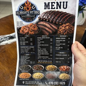 Almighty Pit BBQ - Menu on 8/7/2026 - Barbeque Near Me - Lawrenceville, Georgia Almighty Pit BBQ - Menu on 8/7/2026 - Barbeque Near Me - Lawrenceville, Georgia
