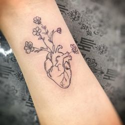True At Heart Tattoo - Anatomical heart tattoo with blooming flowers , first tat experience!