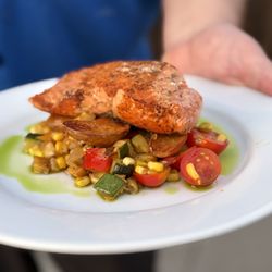 Wild caught Morro Bay King Salmon over summer succotash