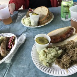 Braunwurst, potato salat, sauerkraut, lager, pickles