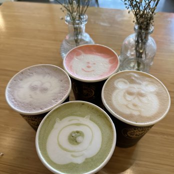 Leon Coffee House - Taro latte (left), match (bottom), red velvet (top), mocha (right) - Coffee & Tea Near Me - Seattle, Washington