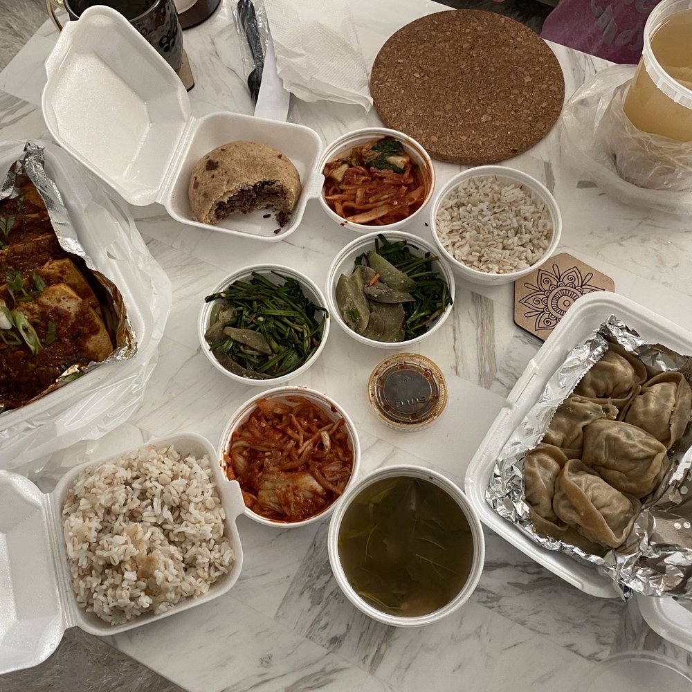 HJ Farm Mart Restaurant - Tofu Steak (Left) Dumplings and Soup (Right) (Separated on to go orders) - Korean Near Me - Suwanee, Georgia HJ Farm Mart Restaurant - Tofu Steak (Left) Dumplings and Soup (Right) (Separated on to go orders) - Korean Near Me - Suwanee, Georgia