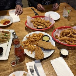 Eleanor's Bar & Grill - Chicken tenders with curly fries, onion rings, tots