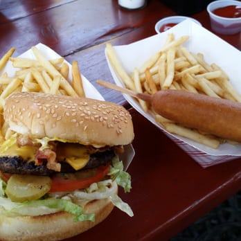 Char-Pit - Bacon cheese burger and kids corn dog meals. - American Near Me - Kings Beach, California