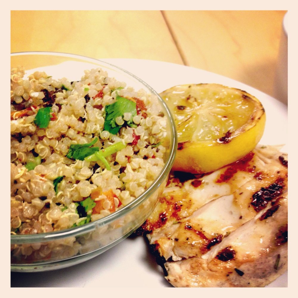 White Quinoa salad with goat cheese and grilled chicken breast (perfectly juicy). White Quinoa salad with goat cheese and grilled chicken breast (perfectly juicy).