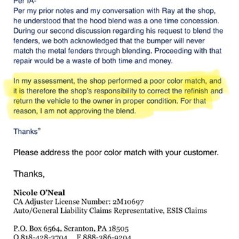 Relux Collision - Email correspondence from the claims representative per the field adjuster who identified the poor color match. - Body Shops Near Me - Sacramento, California Relux Collision - Email correspondence from the claims representative per the field adjuster who identified the poor color match. - Body Shops Near Me - Sacramento, California