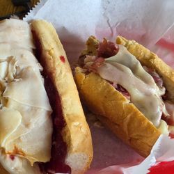 Jon's Roast Beef & Deli - Thanksgiving sandwich on the left, pastrami on the right