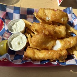 Four piece fish and chips. Four piece fish and chips.