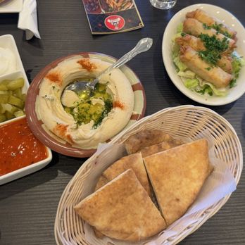 Zadna Grill - Appetizers : hummus, pita, cheese rolls. Plus the DELICIOUS pickles, garlic and hot chili sauce they bring to the table. - Mediterranean Near Me - Redwood City, California