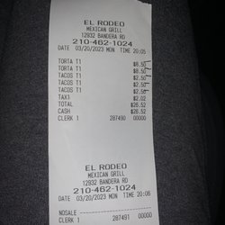 El Rodeo Mexican Grill - What I was charged, minus three tacos that she said I didn't order..
