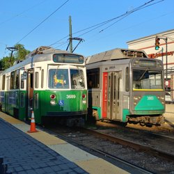 Green line trains at MBTA Cleveland Circle Station