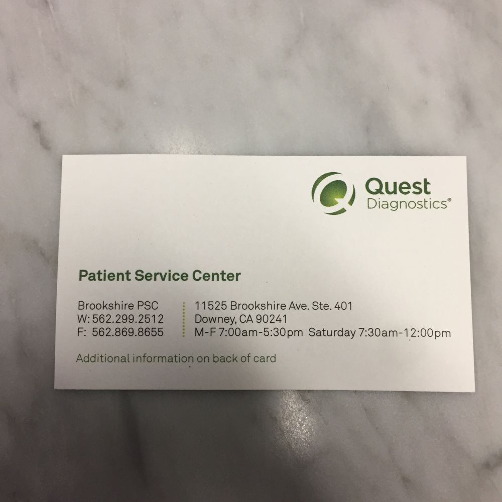 Quest Diagnostics - Correct phone number is (562)299-2512. Fax (562)869-8655 - Laboratory Testing Near Me - Downey, California Quest Diagnostics - Correct phone number is (562)299-2512. Fax (562)869-8655 - Laboratory Testing Near Me - Downey, California