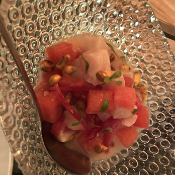 Arume - Sea Bass ceviche was amazing, almond milk watermelon pickled onions and toasted corn. - Mediterranean Near Me - Barcelona, B