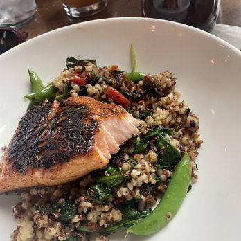 8UP Elevated Drinkery & Kitchen - Seared verlasso salmon, couscous, quinoa, baby spinach, roasted tomato, garlic, snap peas, whole grain mustard bourbon glaze. Yum! - Bars Near Me - Louisville, Kentucky 8UP Elevated Drinkery & Kitchen - Seared verlasso salmon, couscous, quinoa, baby spinach, roasted tomato, garlic, snap peas, whole grain mustard bourbon glaze. Yum! - Bars Near Me - Louisville, Kentucky
