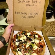 Photo of Barro's Pizza - Phoenix, AZ, United States. Gluten Free Barro's Special w/Italian Sausage, black olives and Ricotta. Staff honored my request for a joke on the inside of the box!!