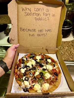 Photo of Barro's Pizza - Phoenix, AZ, US. Gluten Free Barro's Special w/Italian Sausage, black olives and Ricotta. Staff honored my request for a joke on the inside of the box!!