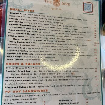 The Dive Oyster Bar - One side of their menu (I forgot to photo their main entrees). - Southern Near Me - Irvine, California The Dive Oyster Bar - One side of their menu (I forgot to photo their main entrees). - Southern Near Me - Irvine, California
