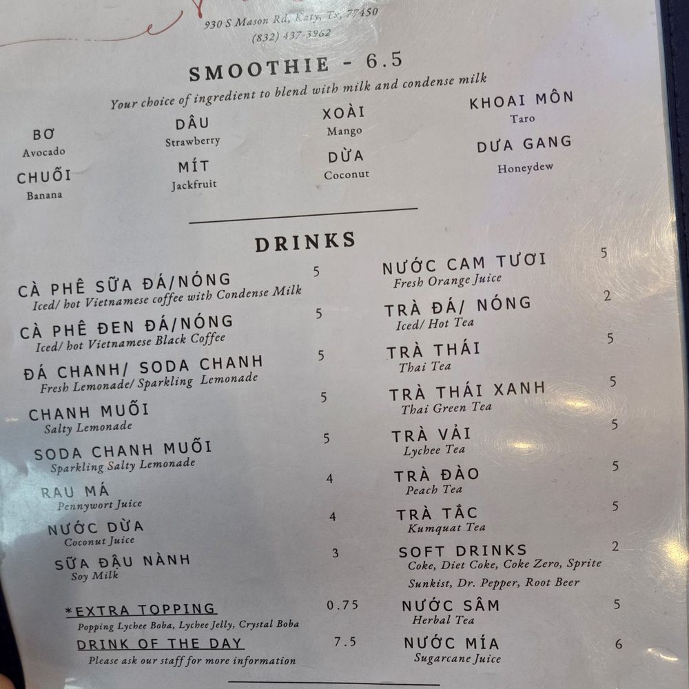 Pho Dien - Katy - Menu as of 04/2026 - Vietnamese Near Me - Katy, Texas