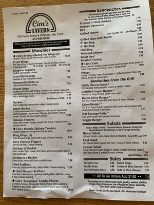 Menu photo 3 Cim's Tavern Pittsfield, MA